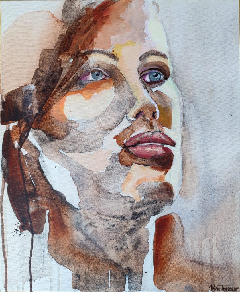 Portret in acrylverf door Wine Tess Art met een ondertekening in houtskool, met een artistieke stijl die twijfel toont