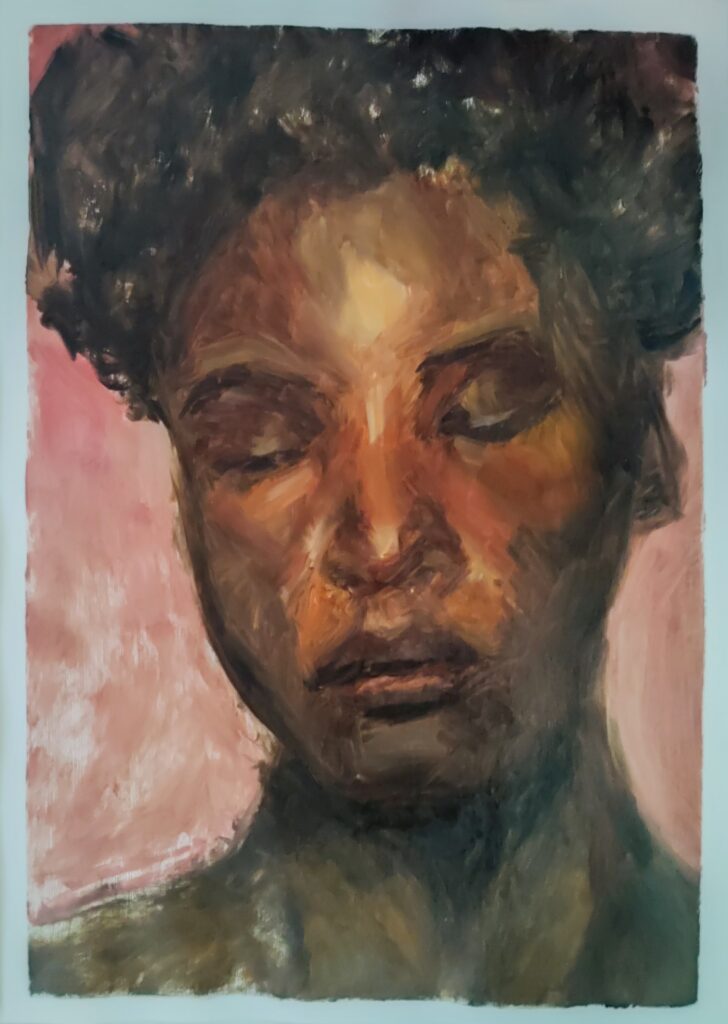 Ingetogen olieverfportret van een zwarte vrouw. De losse penseelstreken laten de vooruitgang en techniek van de kunstenaar goed zien